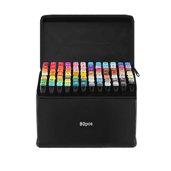 Set de 80 de markere colorate de 80 db, profesionale, cu două vârfuri, într-o geantă de designer