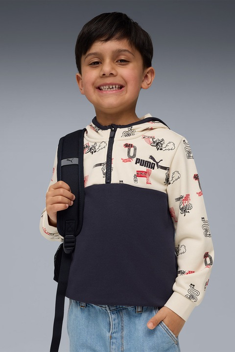 Puma, Hanorac cu fermoar scurt si model, Crem/Bleumarin