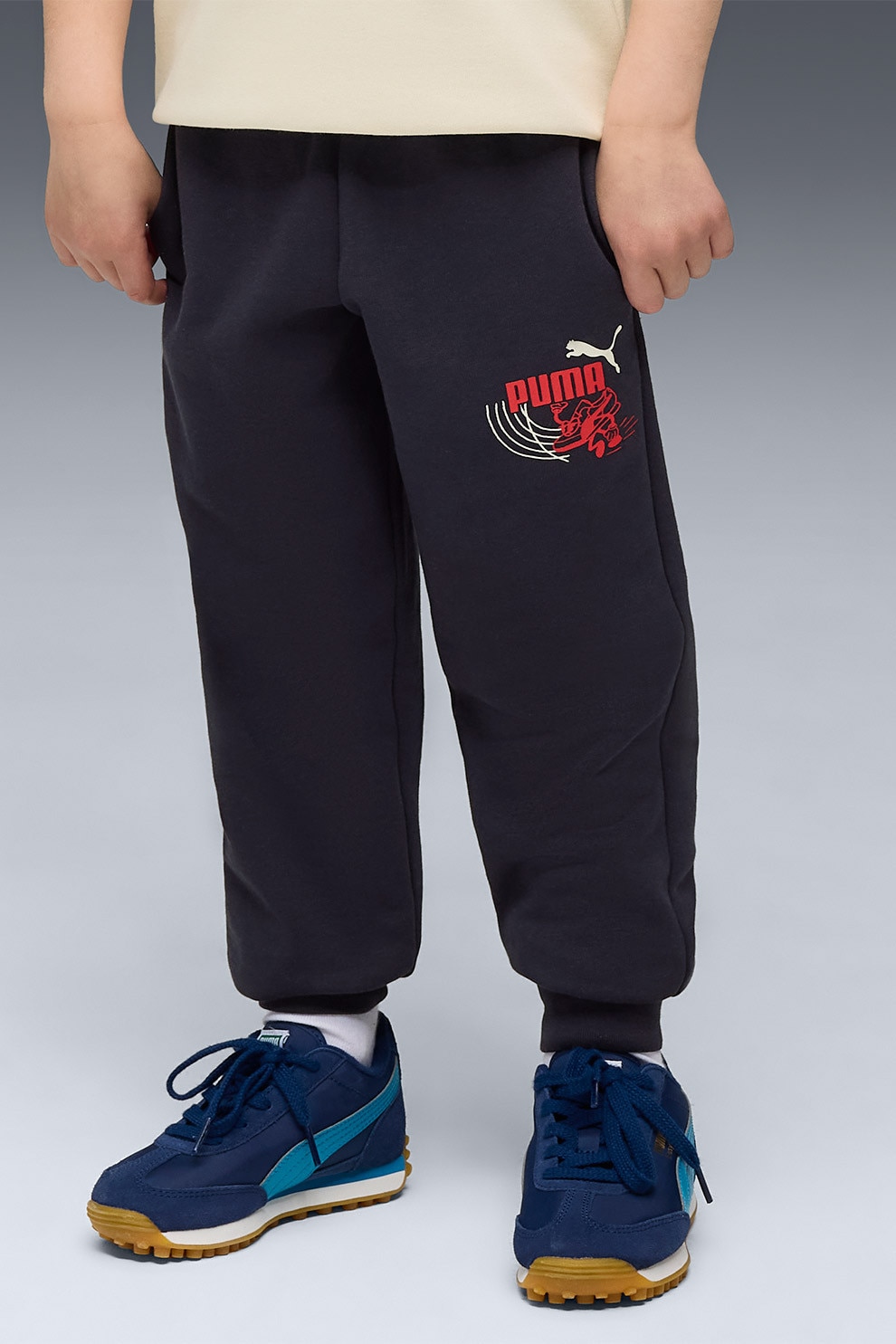 Puma, Pantaloni de trening cu logo si talie elastica, Bleumarin, 104 CM