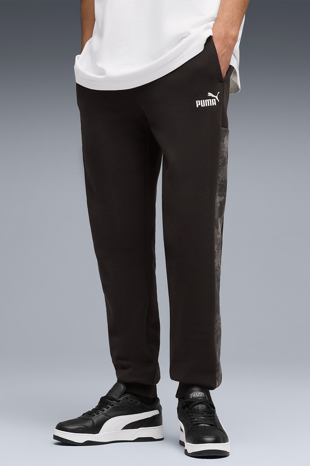 Puma, Pantaloni de trening din amestec de bumbac cu buzunare laterale, Negru, XXL