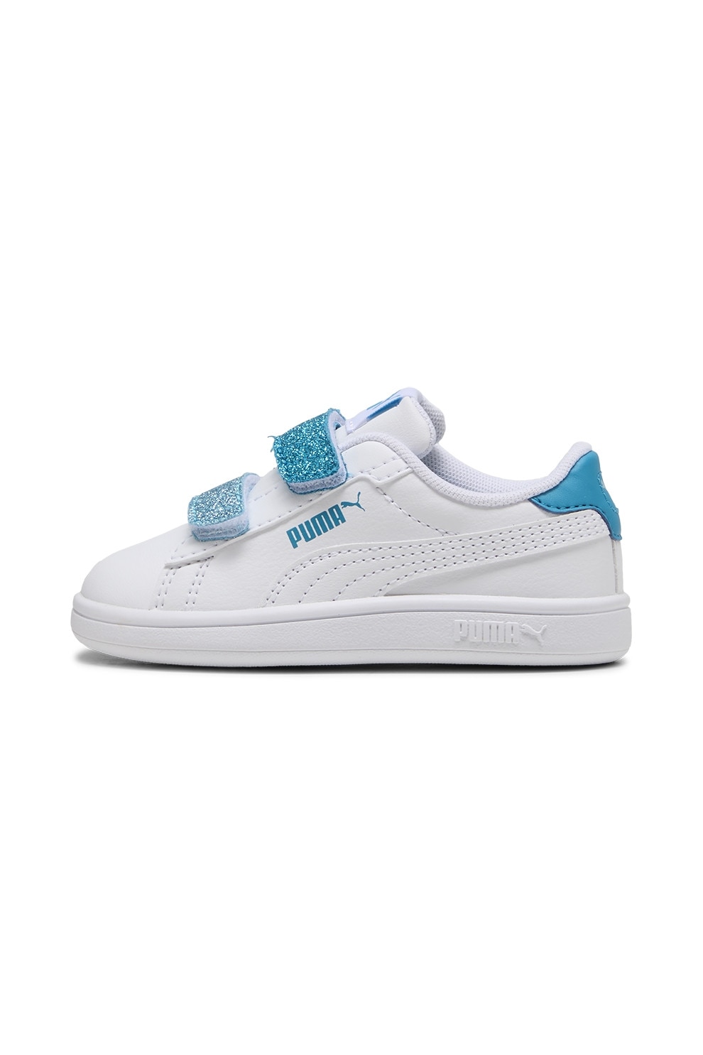 Puma, Pantofi sport Smash 3.0 de piele ecologica cu velcro si particule stralucitoare, Alb, Albastru lavanda, Albastru azur, 25 EU