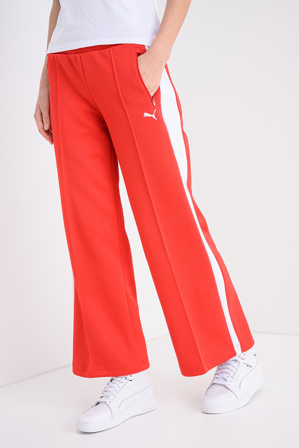 Puma, Pantaloni de trening din amestec de bumbac cu croiala ampla, Rosu, Alb, L