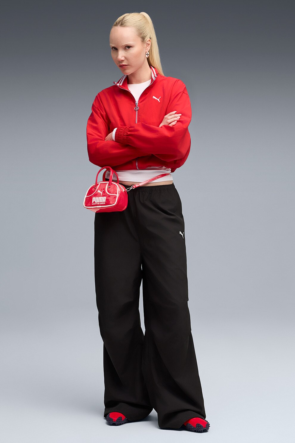 Puma, Pantaloni cu talie inalta si volane ESS, Negru, Alb optic, M