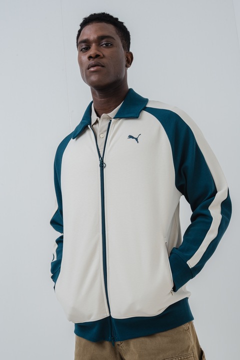 Puma, Свободен суитшърт в цветен блок с джобове с цип, Слонова кост/Тъмнозелен