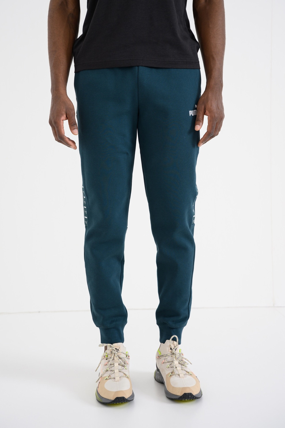 Puma, Pantaloni de trening conici cu benzi logo laterale, Verde englez, XXL