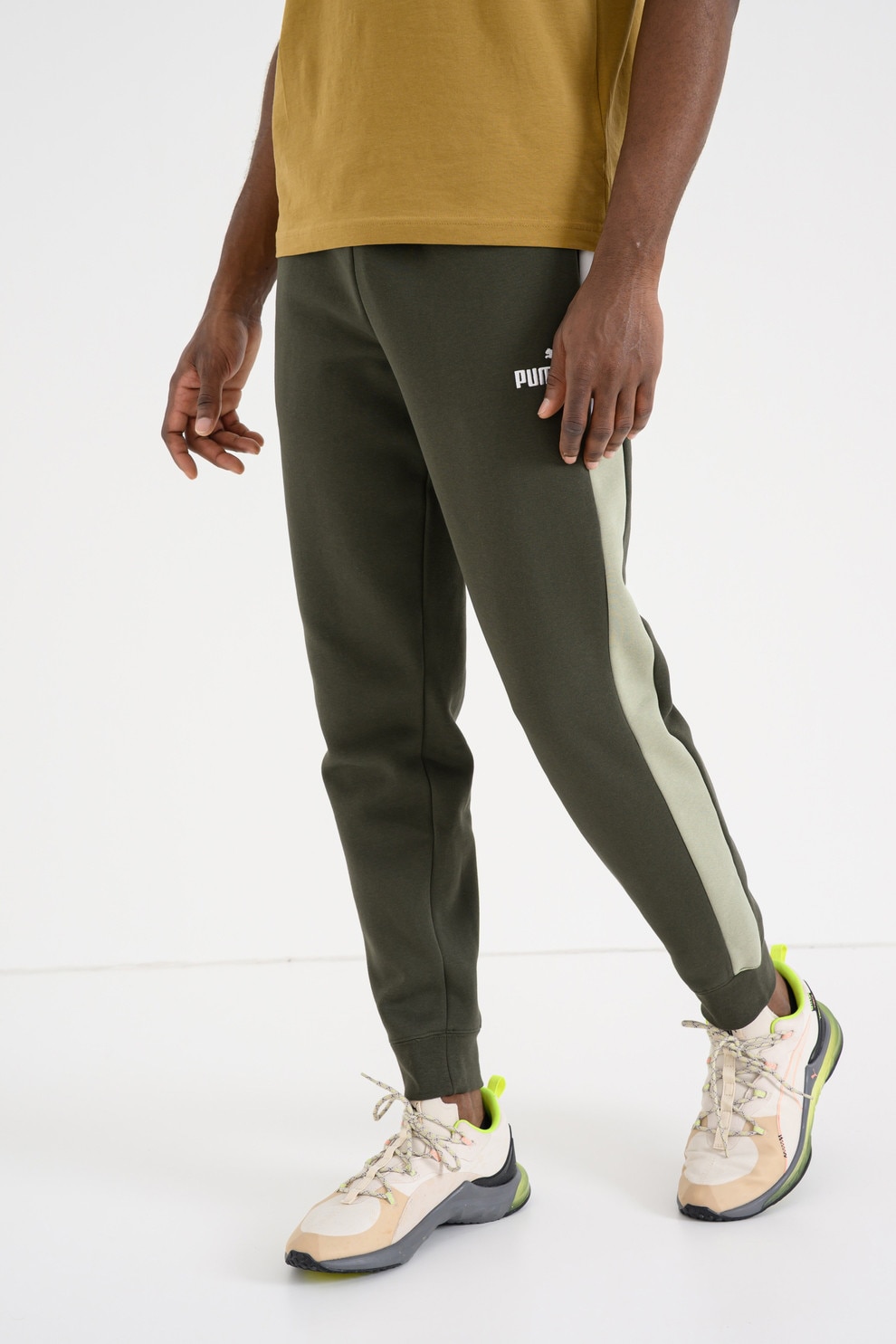Puma, Pantaloni de trening relaxed fit cu benzi contrastante laterale, Kaki, M