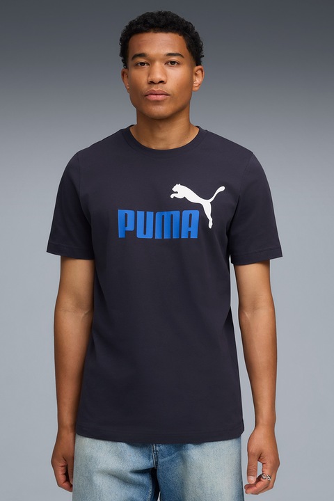 Puma, Тениска Essentials 2 с овално деколте и лого, Тъмносин/Кралско Синьо/Бял