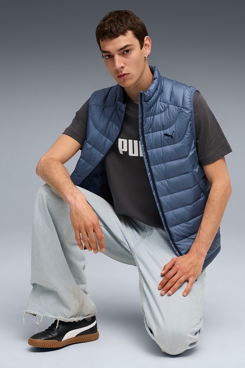 Puma, Tricou cu decolteu la baza gatului si imprimeu logo Essentials 2, Alb optic/Gri inchis