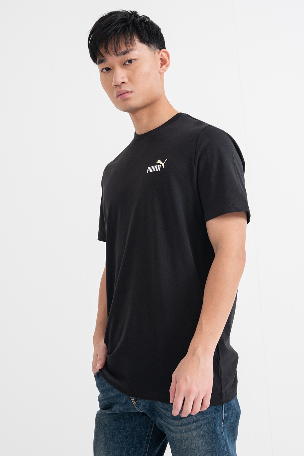 Puma, Tricou de bumbac cu decolteu la baza gatului si logo brodat Essentials 2, Negru, 2XL