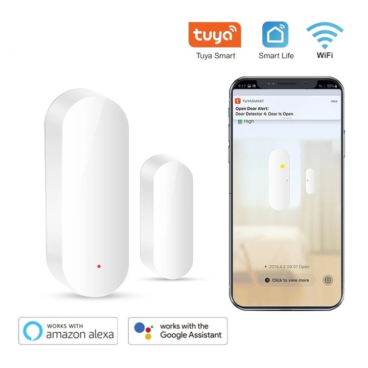 Senzor Usa/Fereastra Tuya Smart WiFi, Detector Deschidere/Inchidere, Control prin Aplicatie Smart Life, Notificari in Timp Real, Compatibil Alexa si Google Home, Montaj Adhesiv, Fara Baterii Incluse