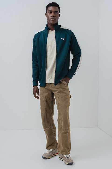 Puma, Bluza de trening regular-fit cu fermoar bidirectional T7 Always On, Alb fildes/Verde inchis