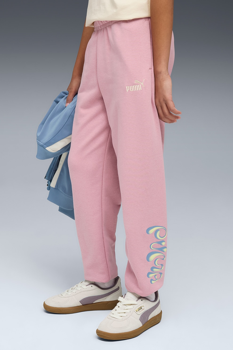 Puma, Pantaloni de trening cu imprimeu logo, Roz deschis, Galben pal, 164 CM