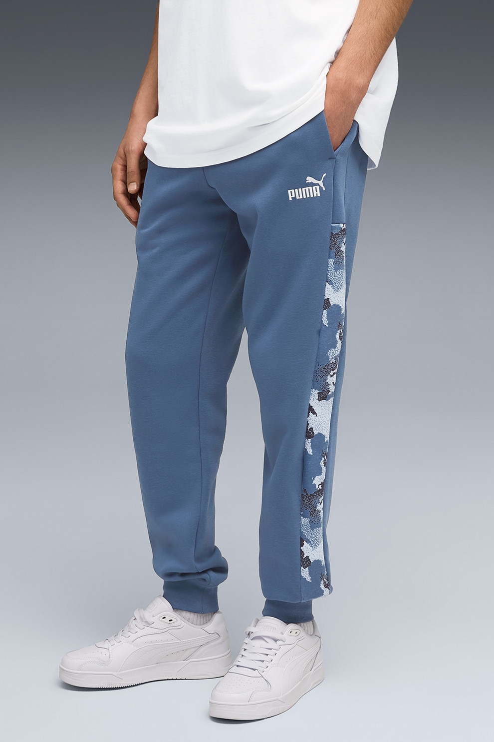 Puma, Pantaloni de trening din amestec de bumbac cu buzunare laterale, Albastru prafuit, Gri antracit, L