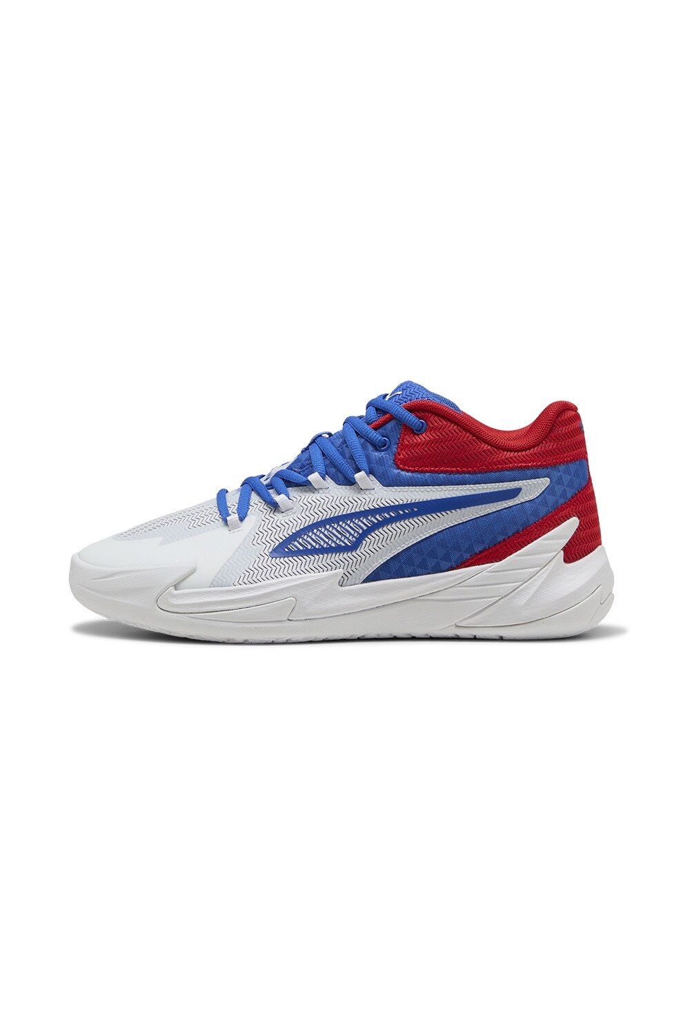 Puma, Pantofi cu detalii contrastante, pentru baschet The Dagger, Albastru royal, Alb optic, Rosu vermillion, 9.5