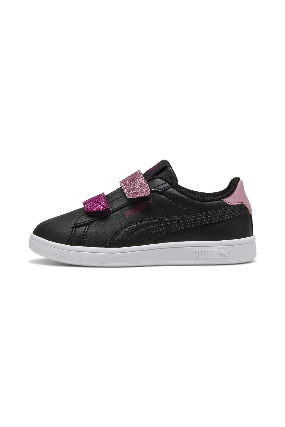 Puma, Pantofi sport cu detalii contrastante si banda velcro stralucitoare Smash 3.0, Negru, Roz prafuit, Violet pruna, 32.5 EU