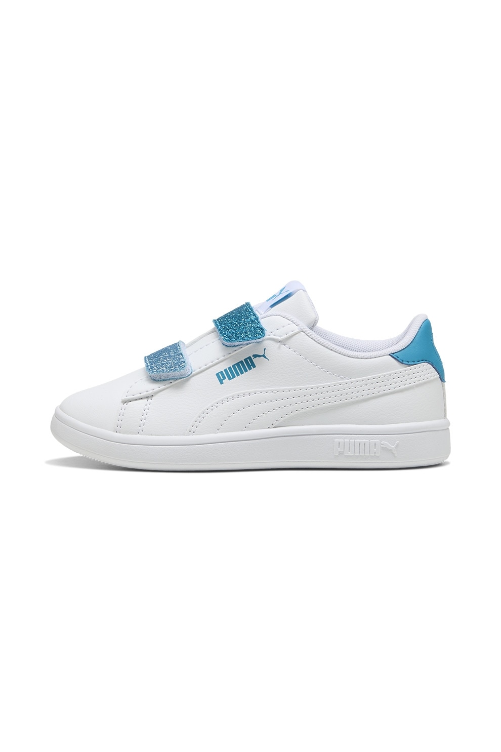 Puma, Pantofi sport cu detalii contrastante si banda velcro stralucitoare Smash 3.0, Alb optic, Albastru petrol, 28 EU