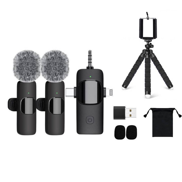 Set 2 microfoane profesionale lavaliera 3 in 1, USB C, 3.5 Jack, 2.4 GHz, pentru iPhone, iPad, Android, camera DSLR, Placa de sunet, laptop, microfon cu 6 ore de inregistrare, trepied gratuit pentru telefonul mobil