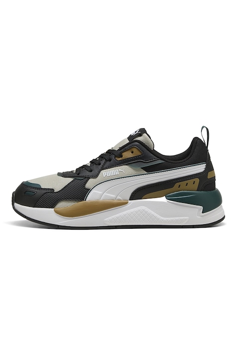 Puma, Pantofi sport X-Ray 3 de plasa cu insertii de piele ecologica, Negru/Caramel/Alb murdar