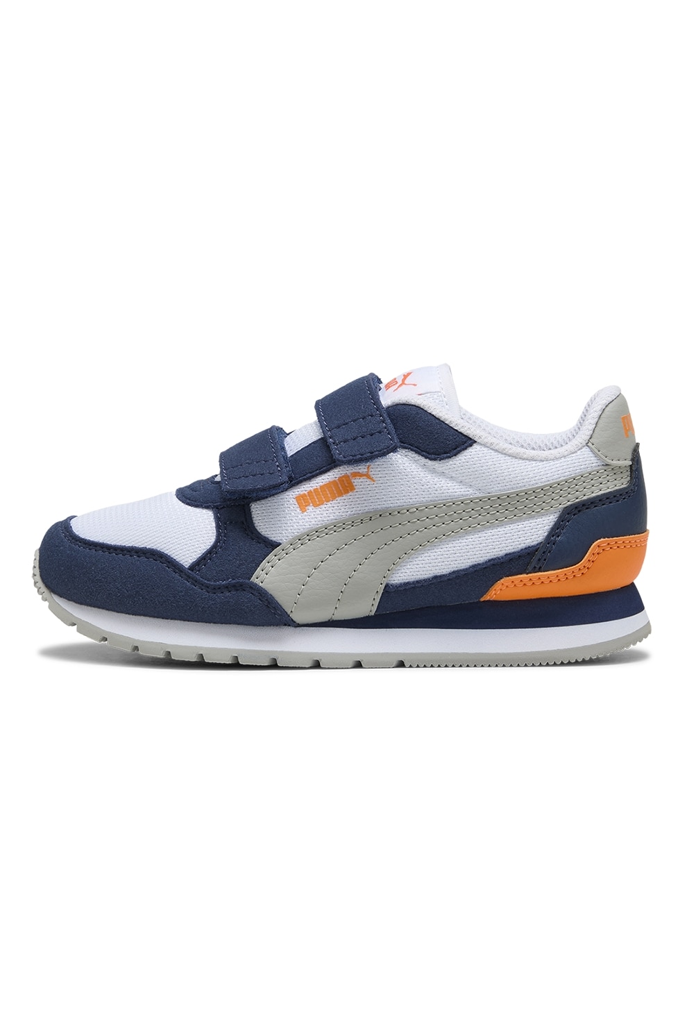 Puma, Pantofi sport ST Runner v4 cu bareta velcro si insertii de plasa, Alb, Gri deschis, Albastru inchis, 29 EU