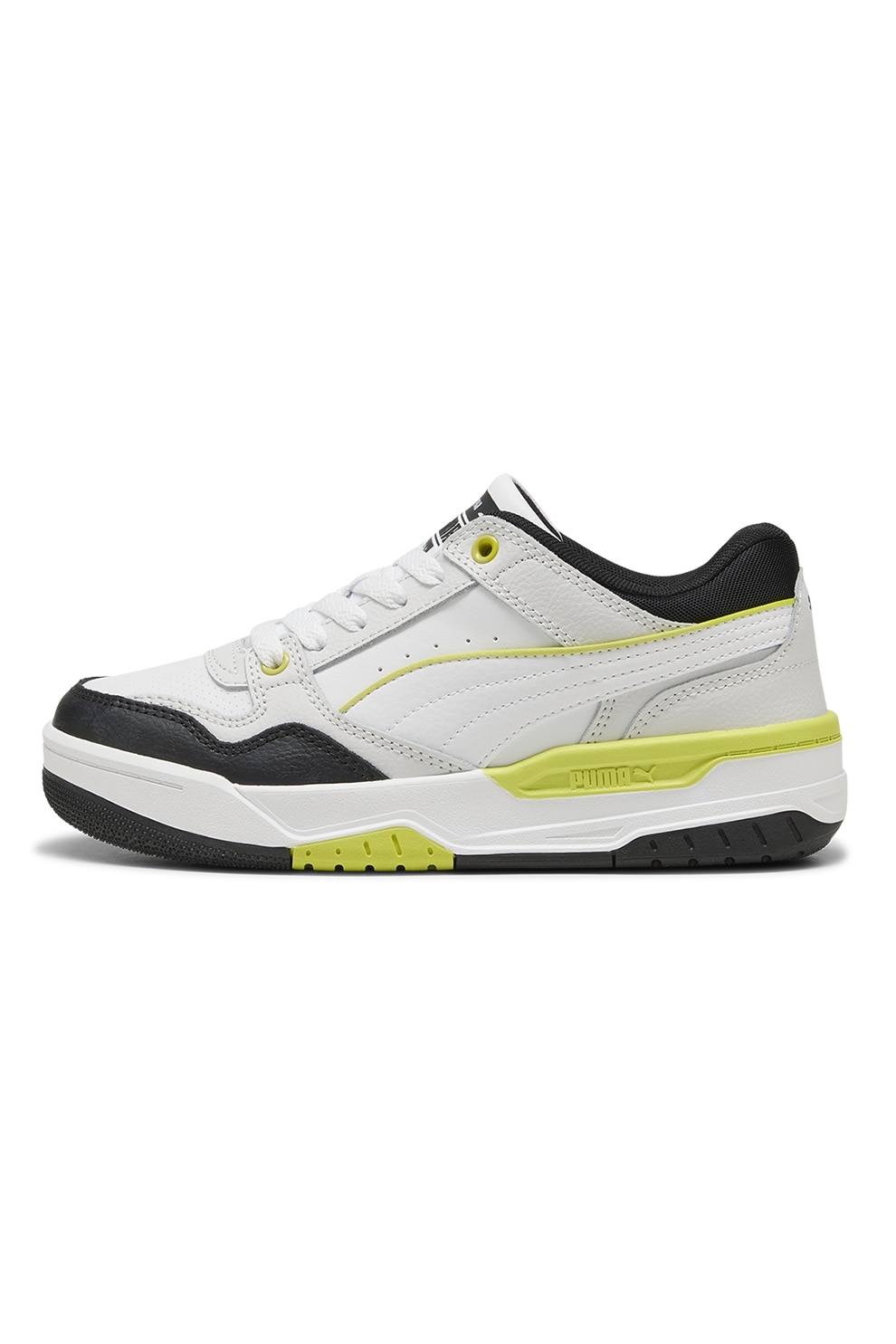 Puma, Pantofi sport Rebound Retro cu insertii de piele, Gri deschis, Alb murdar, Verde lime, 36 EU