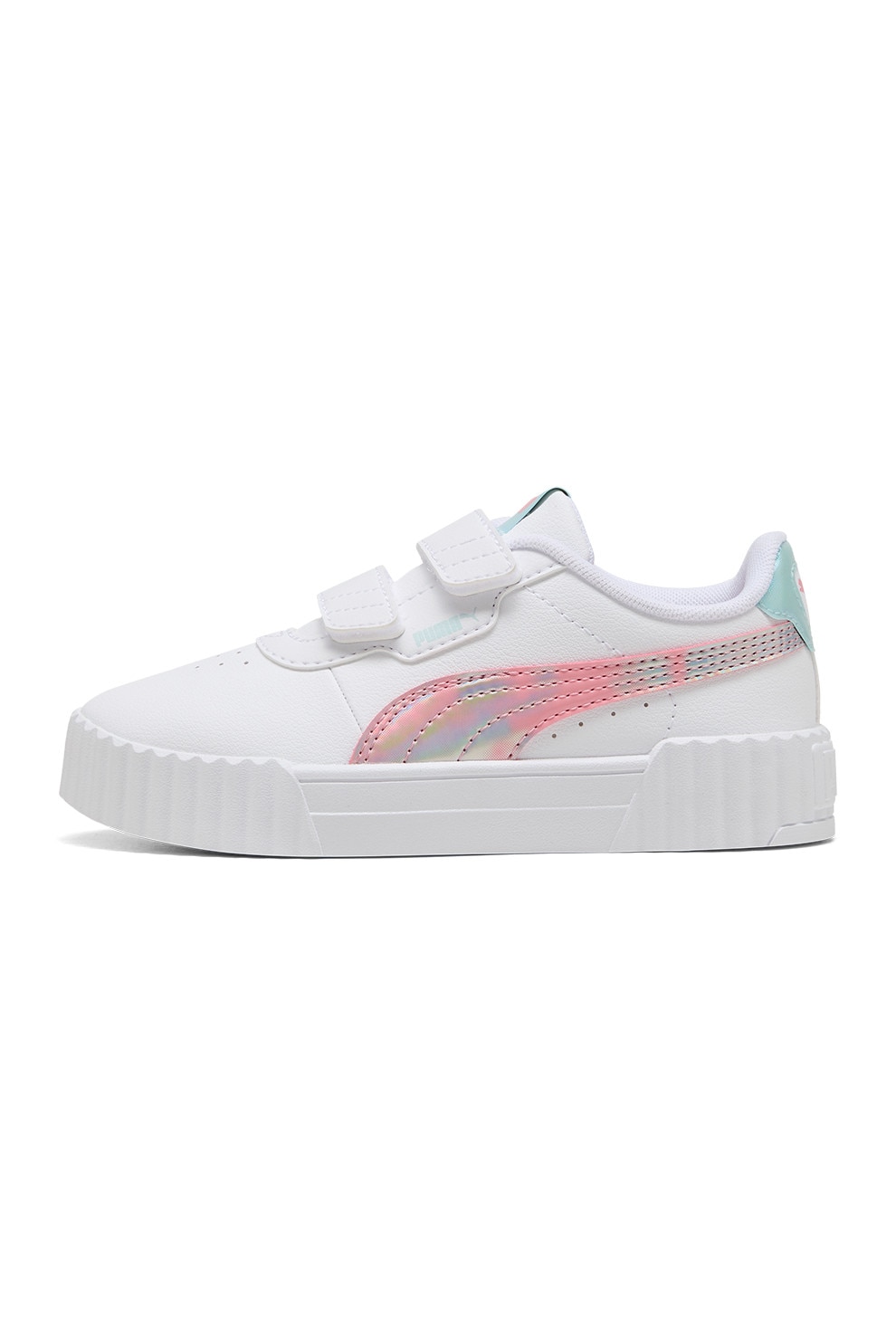 Puma, Pantofi sport low-cut Carina 3.0 din piele ecologica, Alb, Roz deschis, Verde menta, 34 EU