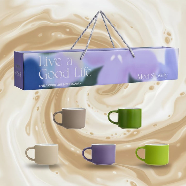 Set 5 cani pentru cafea din ceramica, 80 ml, cesti mici multicolore cu maner, design modern Morandi, potrivite pentru espresso, cappuccino, ceai, latte – rezistente, pentru cuptor cu microunde si masina de spalat vase