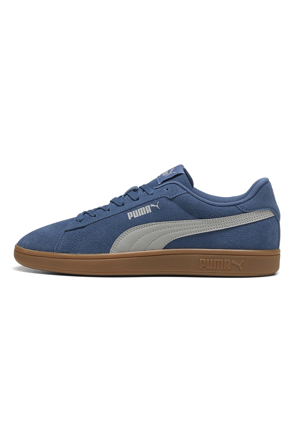 Puma, Pantofi sport Smash 3.0 de piele intoarsa cu insertii de piele, Gri deschis, Albastru inchis, 6.5