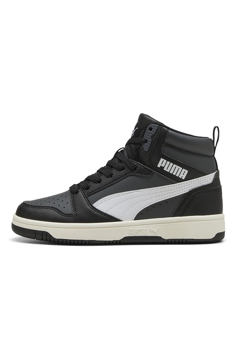 Puma, Pantofi sport Rebound V6 mid-cut din piele ecologica, Alb/Negru/Gri inchis