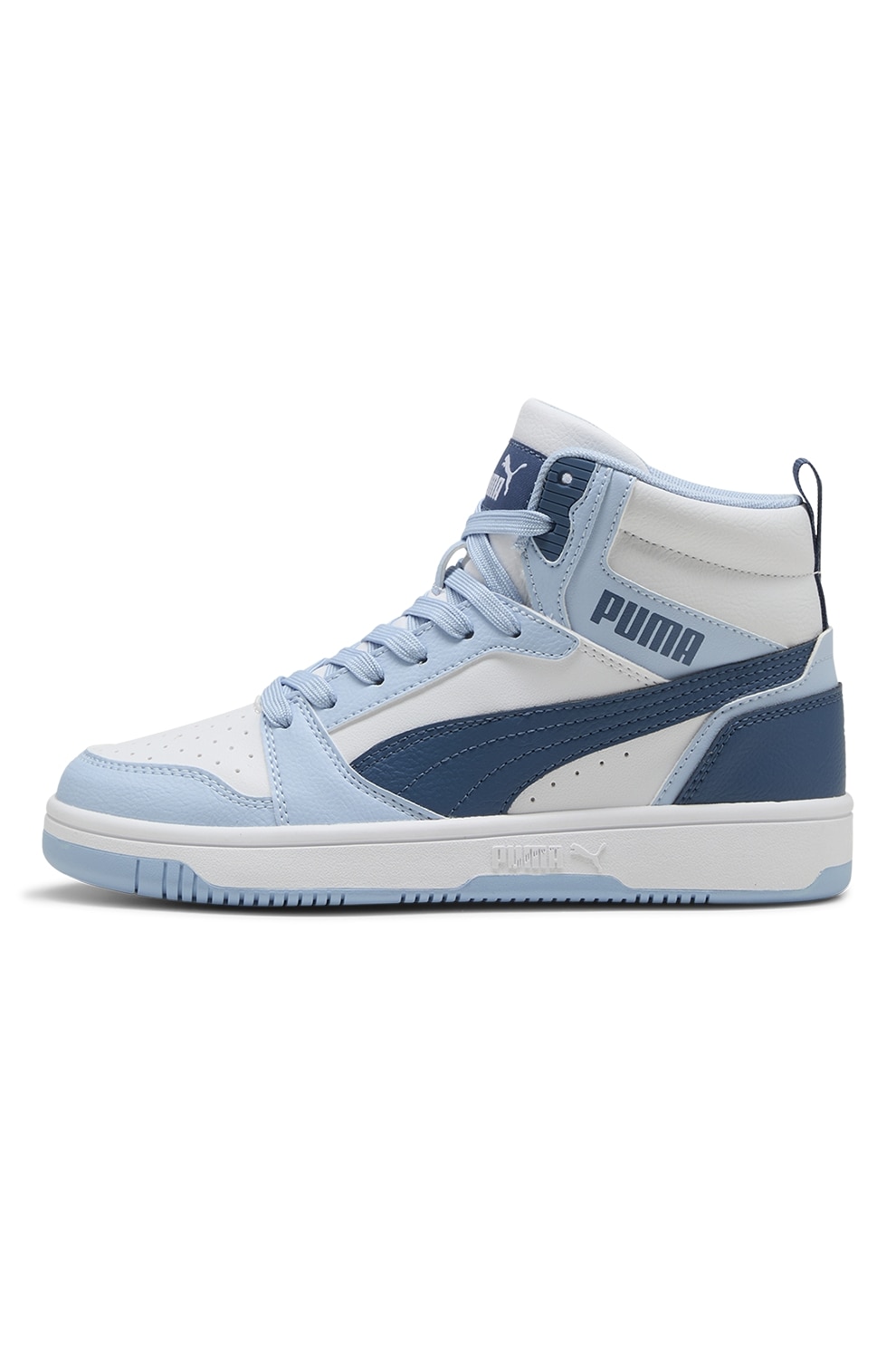 Puma, Pantofi sport Rebound V6 mid-cut din piele ecologica, Alb, Albastru deschis, Albastru petrol, 38 EU