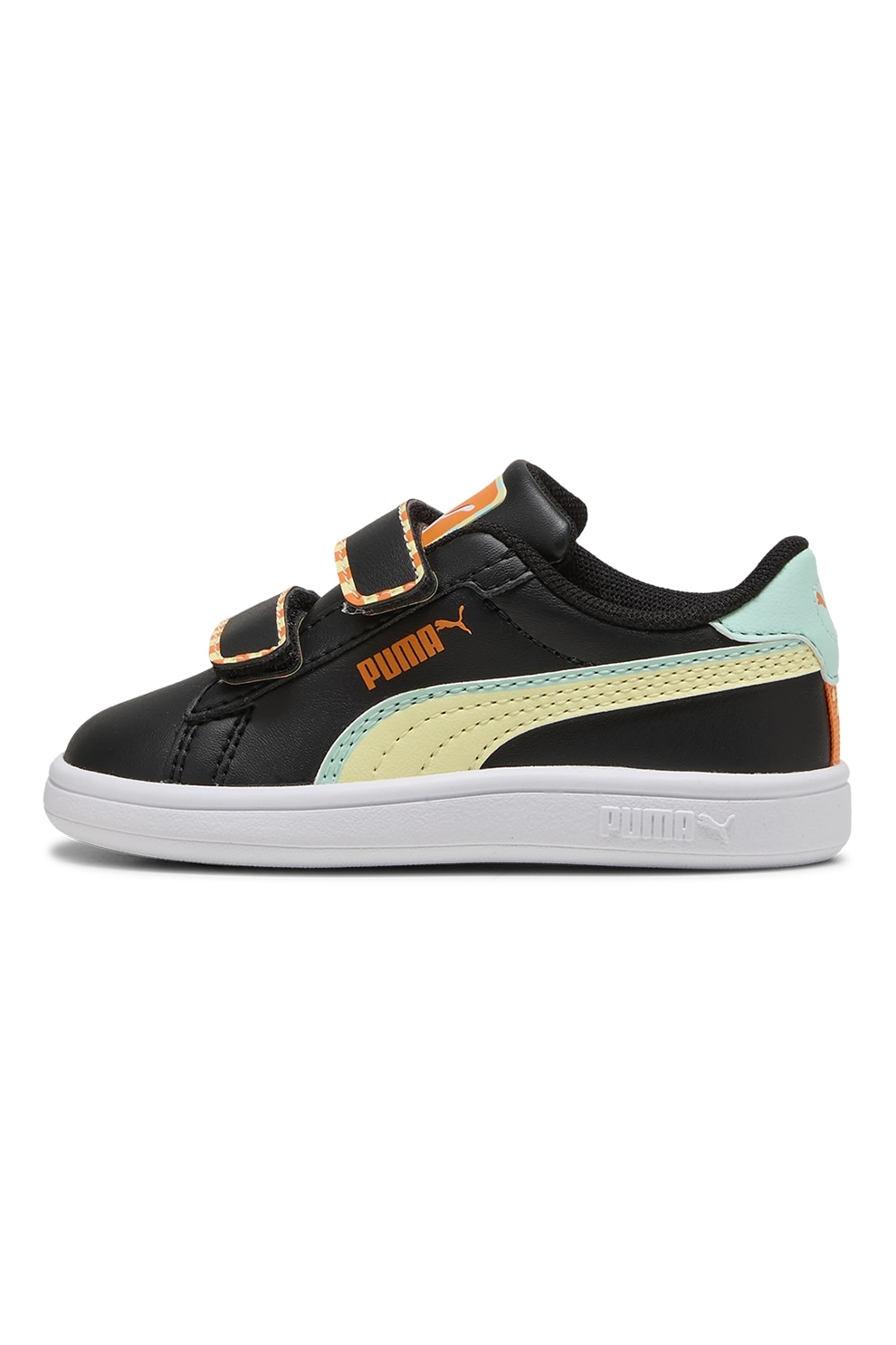 Puma, Pantofi sport Smash 3.0 Playdate V de piele ecologica cu barete velcro, Negru, Galben, 27 EU