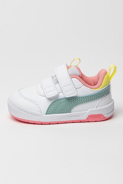 Puma, Pantofi sport din piele ecologica cu inchidere velcro Multiflex 2, Roz pastel, Verde pal, Alb optic, 27 EU