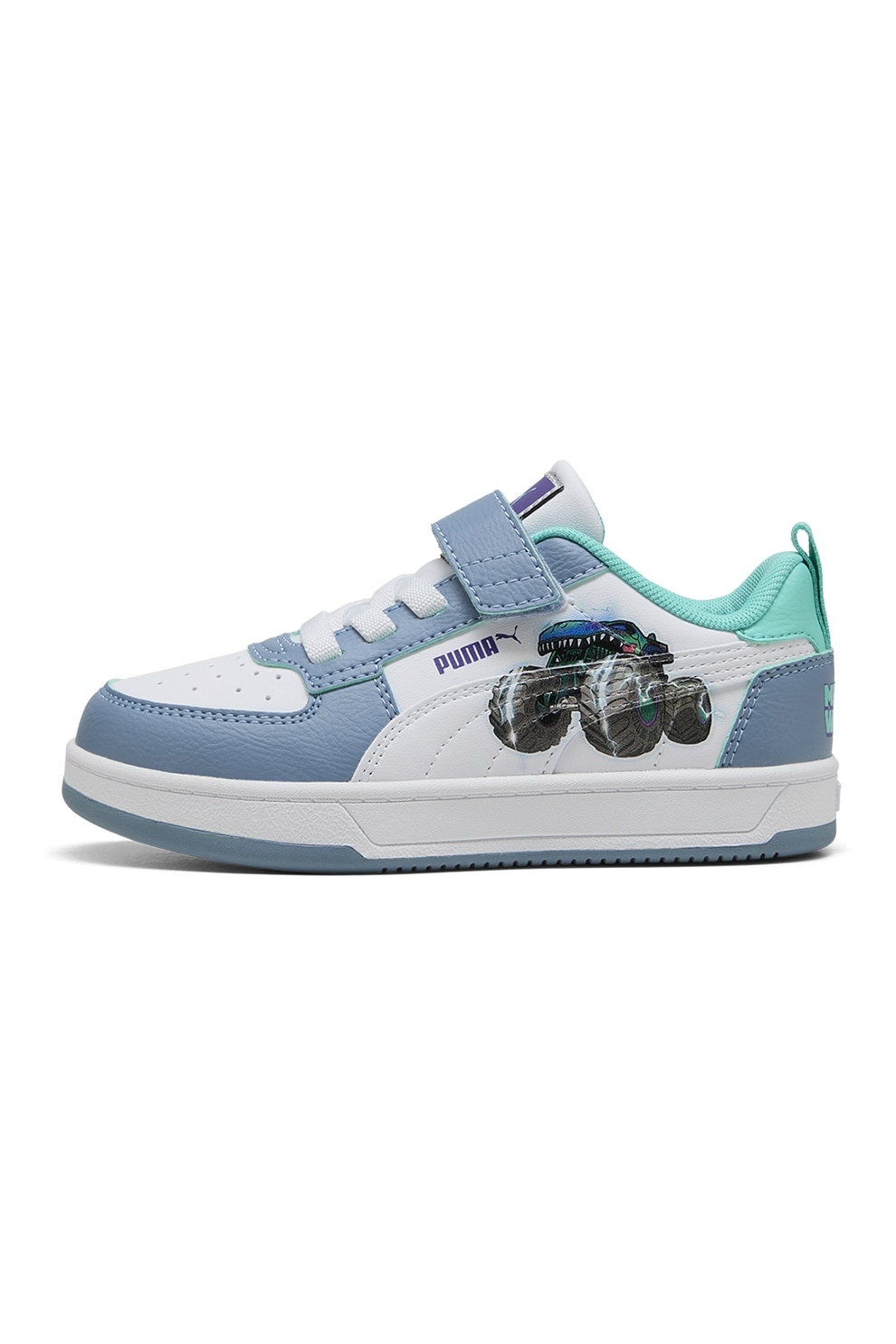 Puma, Pantofi sport Caven 2.0 Hot Wheels de piele ecologica cu imprimeu Mega Wrex, Alb, Albastru pastel, 33 EU