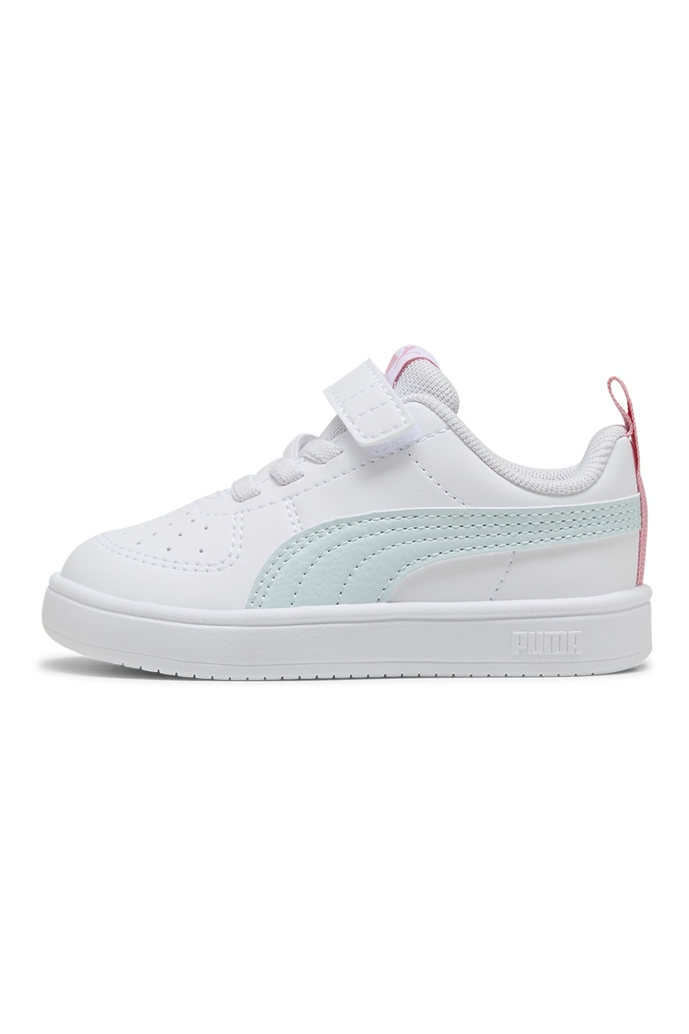 Puma, Pantofi sport unisex Rickie AC+ din piele ecologica cu inchidere velcro, Verde pal, Alb optic, 22 EU