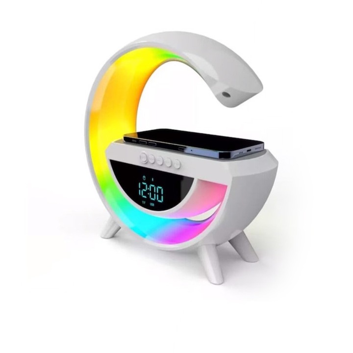 Ceas digital multifunctional SMART 6 in 1 BT-3401 – incarcare wireless pentru telefon, functie Bluetooth, lumina de veghe, alarma, boxa integrata, slot card microSD. Include lampa LED RGB cu 6 moduri de iluminare si 256 de efecte ambientale