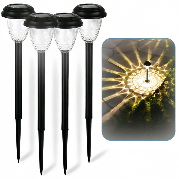Set de 4 Lampi Solare pentru Exterior, Rezistente la Intemperii, Alb cald, Decorative, Ofera reflexie in jur, Cu tarus, Senzor de lumina, Autonomie 10 ore, negru