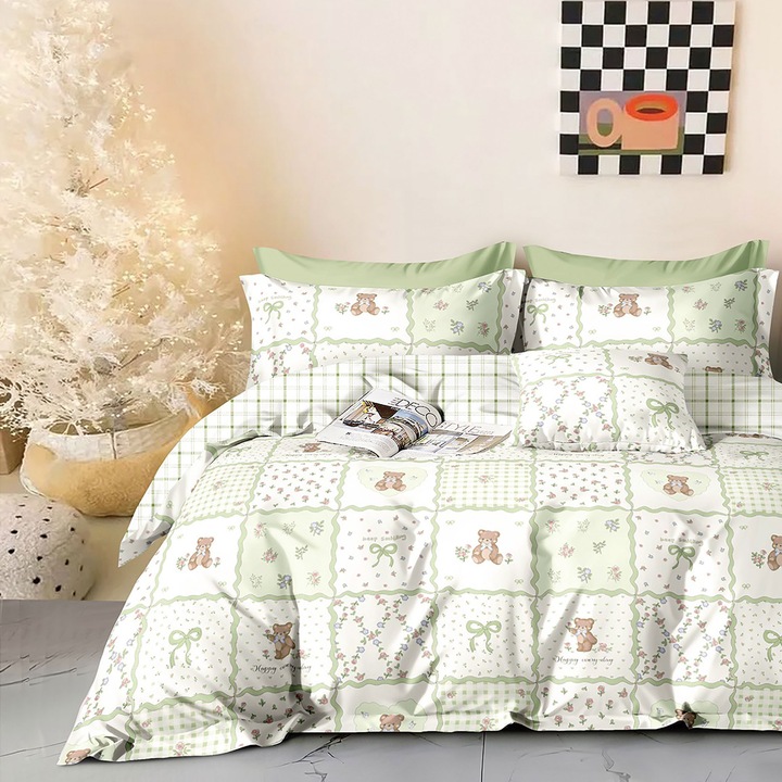 Единично спално бельо с перкал щампа, 100% памук, 3 части, чаршаф 160x240 см, калъф за завивка 150x220 см, калъфка за възглавница 50x70 см, Кафяви/Зелени мечета, Сяра
