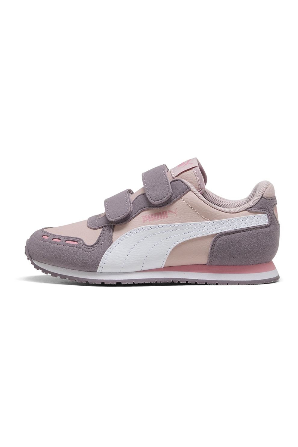 Puma, Pantofi sport Cabana Racer SL 20 de piele ecologica cu inchidere velcro, Alb, Lila pal, 33 EU