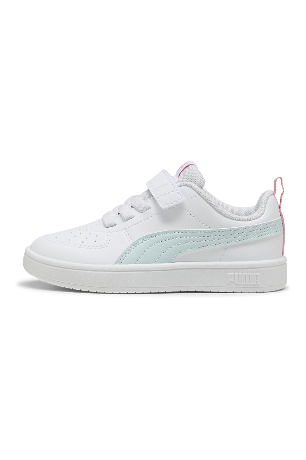 Puma, Pantofi sport Rickie AC+ de piele ecologica cu inchidere velcro, Alb, Albastru glaciar, Roz, 29 EU