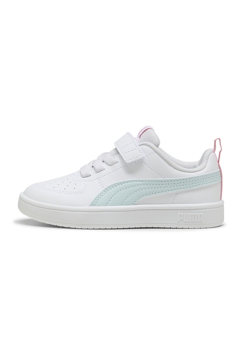 Puma, Pantofi sport Rickie AC+ de piele ecologica cu inchidere velcro, Alb, Albastru glaciar, Roz, 28 EU
