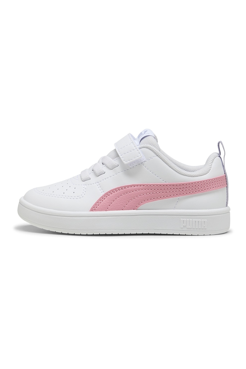 Puma, Pantofi sport Rickie AC+ de piele ecologica cu inchidere velcro, Alb, Lila, Roz, 28 EU