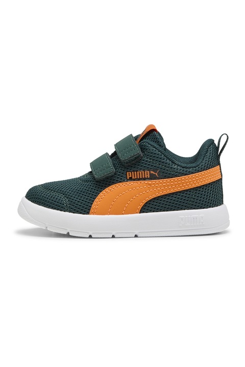 Puma, Pantofi sport Courtflex de plasa cu velcro, Portocaliu/Verde englez