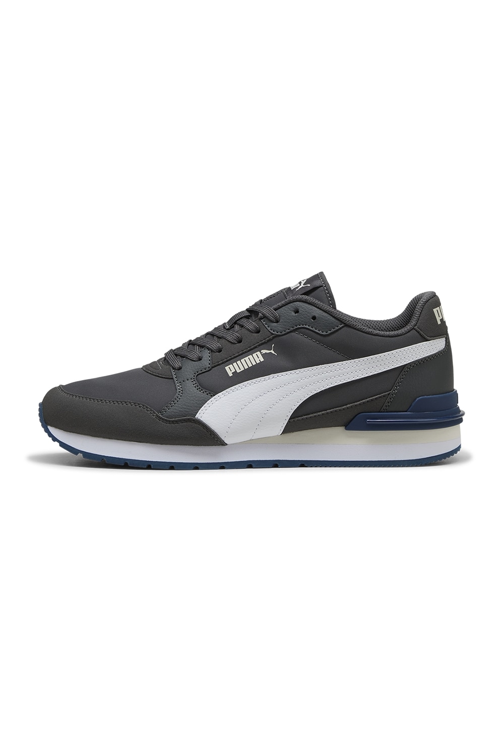 Puma, Pantofi sport ST Runner v4 NL din material textil cu insertii de piele ecologica, Alb, Gri inchis, 8.5