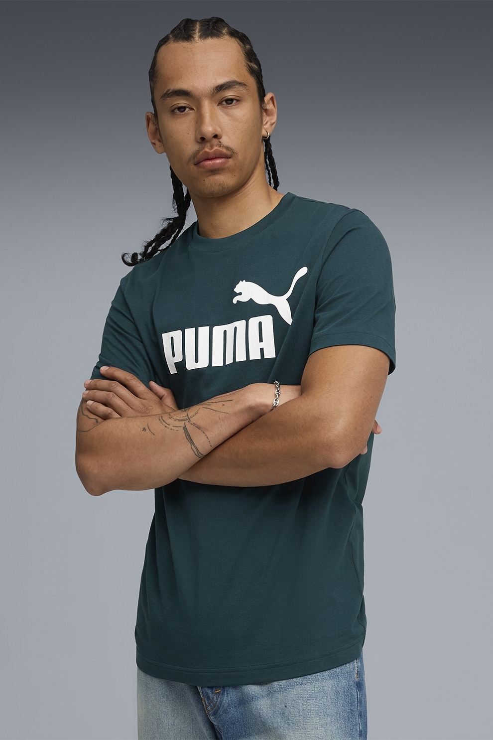 Puma, Tricou cu imprimeu logo ESS No. 1, Alb, Verde englez, L