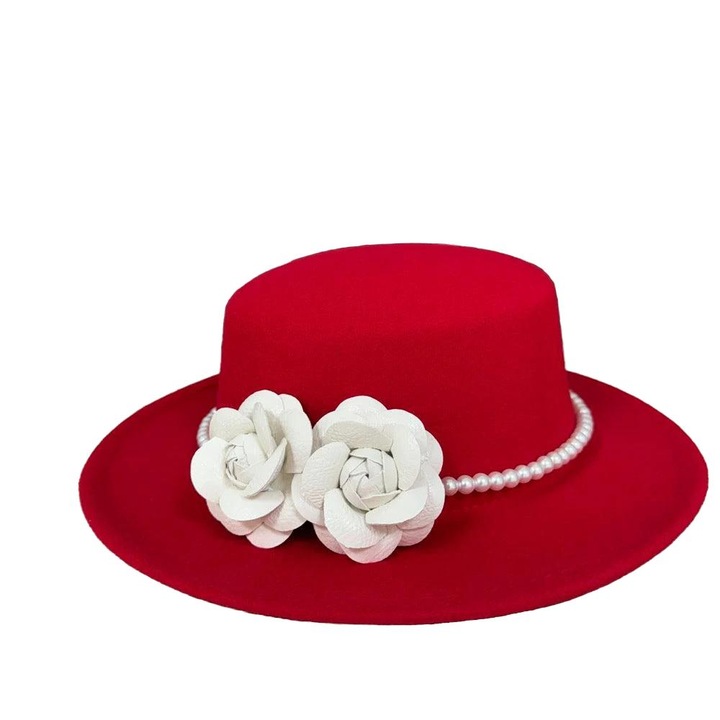 Palarie dama, rosie, stil canotiera, handmade, cu accesoriu detasabil din perle, Greta