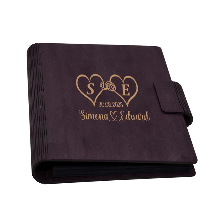 Guestbook de nunta Piksel, din lemn personalizat, Mov, A5, 100 pagini, pix si lipici inclus