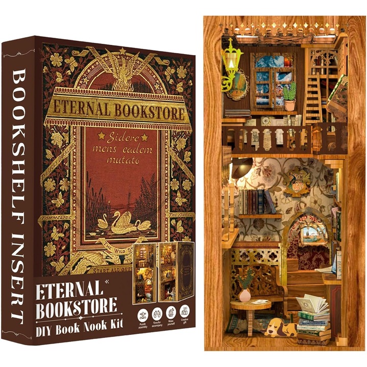 Puzzle 3D, DIY Eternal Bookstore könyvtámasz, 172 darab, miniatűr ház LED-ekkel, otthoni dekoráció, fejleszti a képzeletet és a kézügyességet, gyermekeknek/felnőtteknek, többszínű
