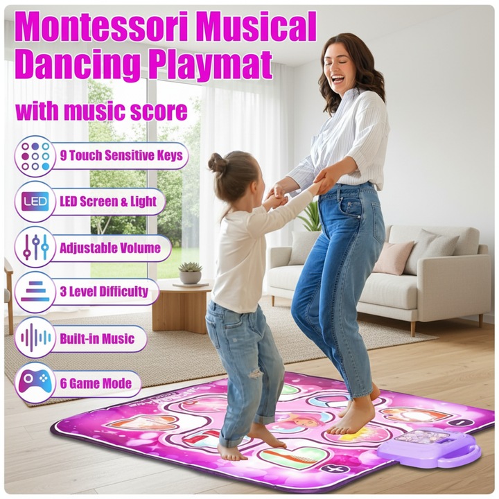 Jucarie covoras de dans muzical pentru copii, covor muzical electronic de dans, 6 moduri de joc, volum adjustabil, lumini LED, timuleaza Indemanarea, interactiune parinte-copil, cultivarea simtului muzical, rezistent la alunecare, 108x90 cm, roz