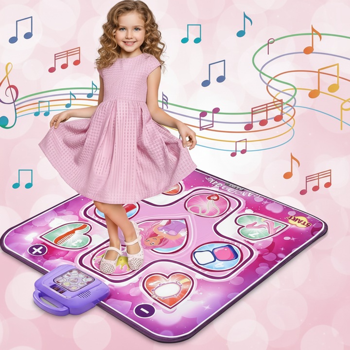Jucarie covoras de dans muzical pentru copii, covor muzical electronic de dans, 6 moduri de joc, volum adjustabil, lumini LED, timuleaza Indemanarea, interactiune parinte-copil, cultivarea simtului muzical, rezistent la alunecare, 108x90 cm, roz