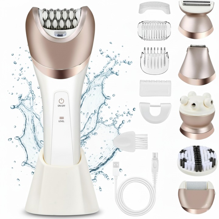 Електрически епилатор за жени, Solimpia, 6 в 1, сменяеми глави, мокра и суха употреба, USB зареждане, бял