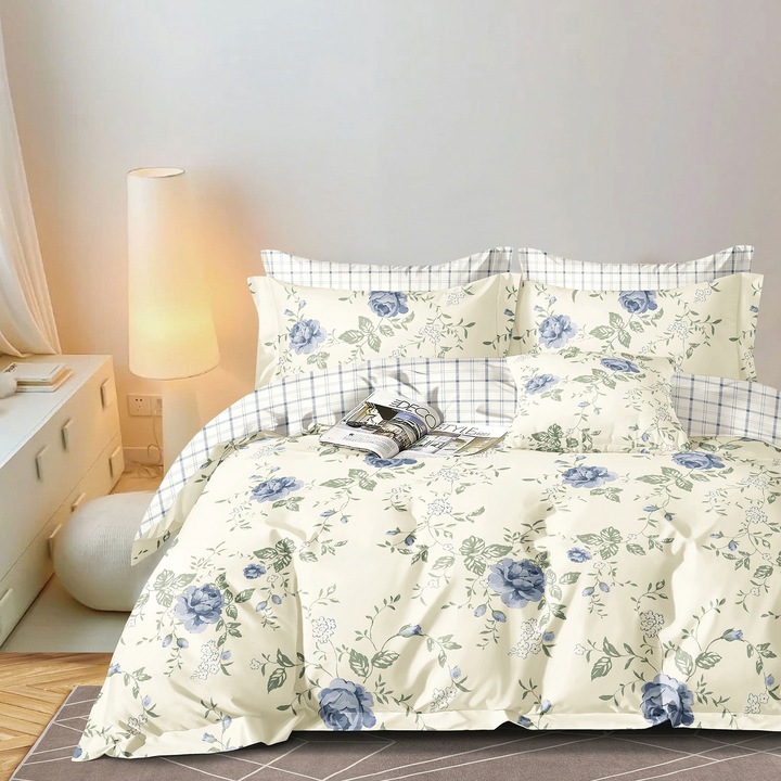 Lenjerie pat dublu extra large Percalle imprimat Bumbac 100%, 6 piese, cearsaf pat 240x260 cm, pilota 200x230 cm, 2 fete perna 50x70 cm si 70x70 cm, Flori Crem / Albastru, Pucioasa